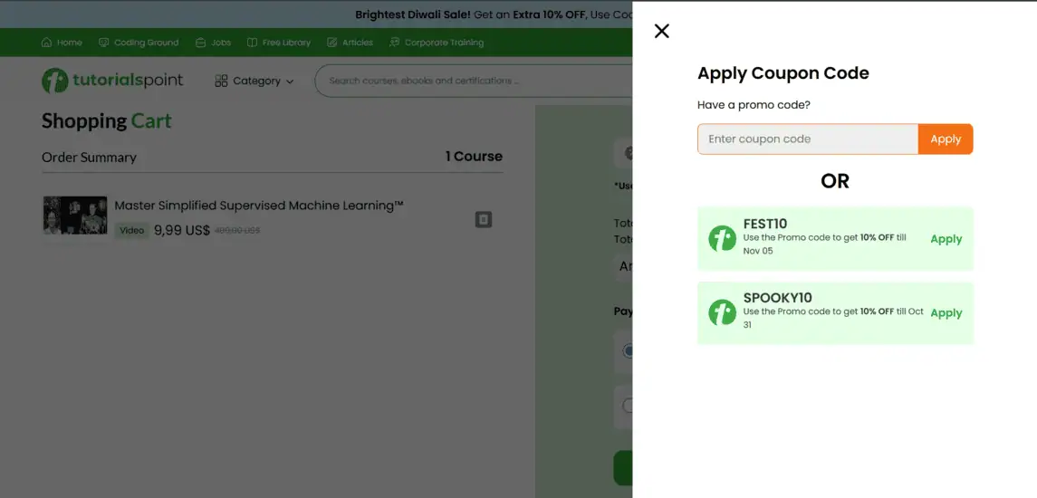 Onde inserir cupom de desconto Tutorials Point