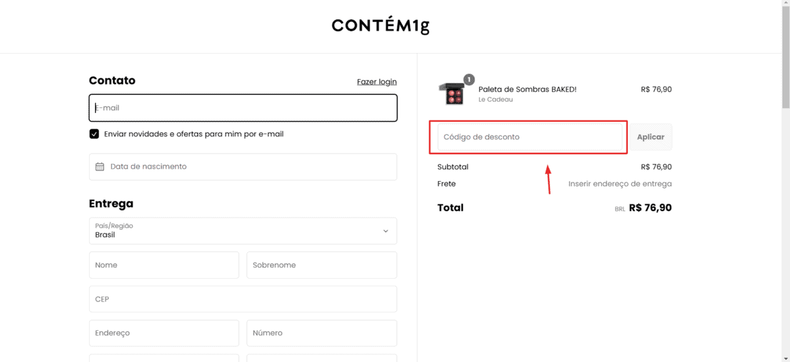 Onde inserir cupom de desconto Contem 1g
