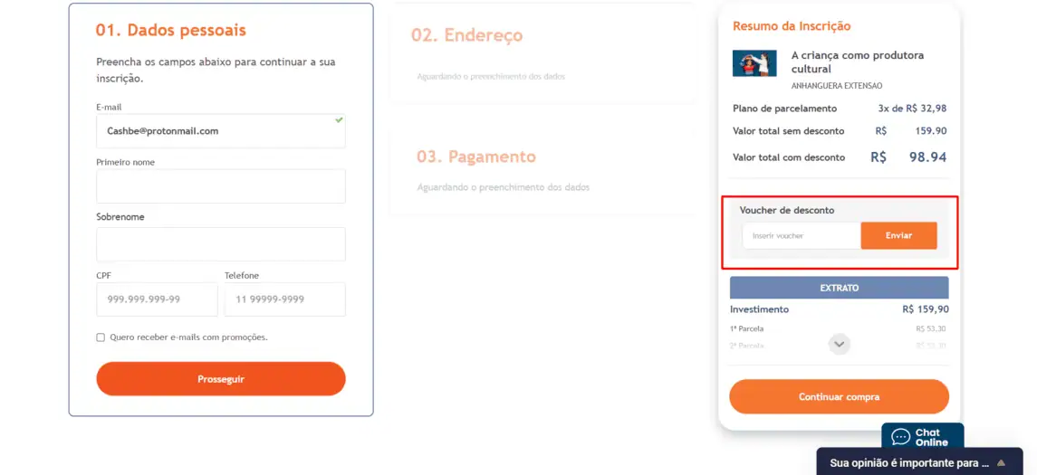 Onde inserir cupom de desconto Anhanguera