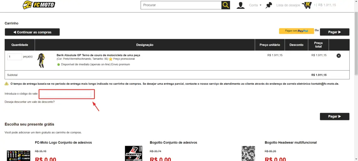Onde inserir cupom de desconto FC-Moto