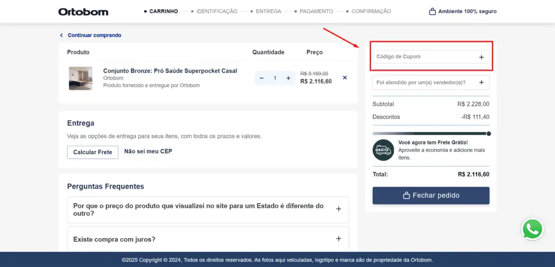 Onde inserir cupom de desconto Ortobom
