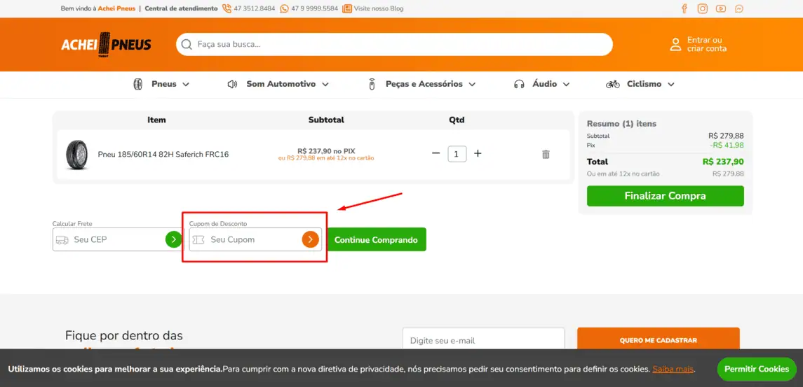Onde inserir cupom de desconto Achei Pneus