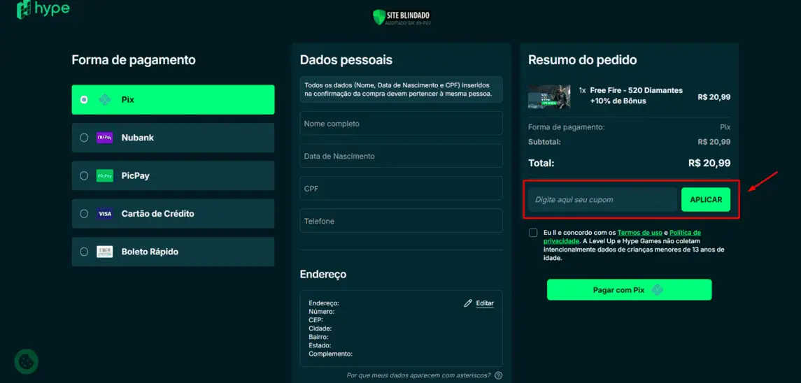 Onde inserir cupom de desconto Hype