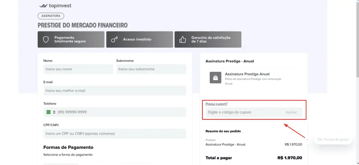 Onde inserir cupom de desconto TopInvest