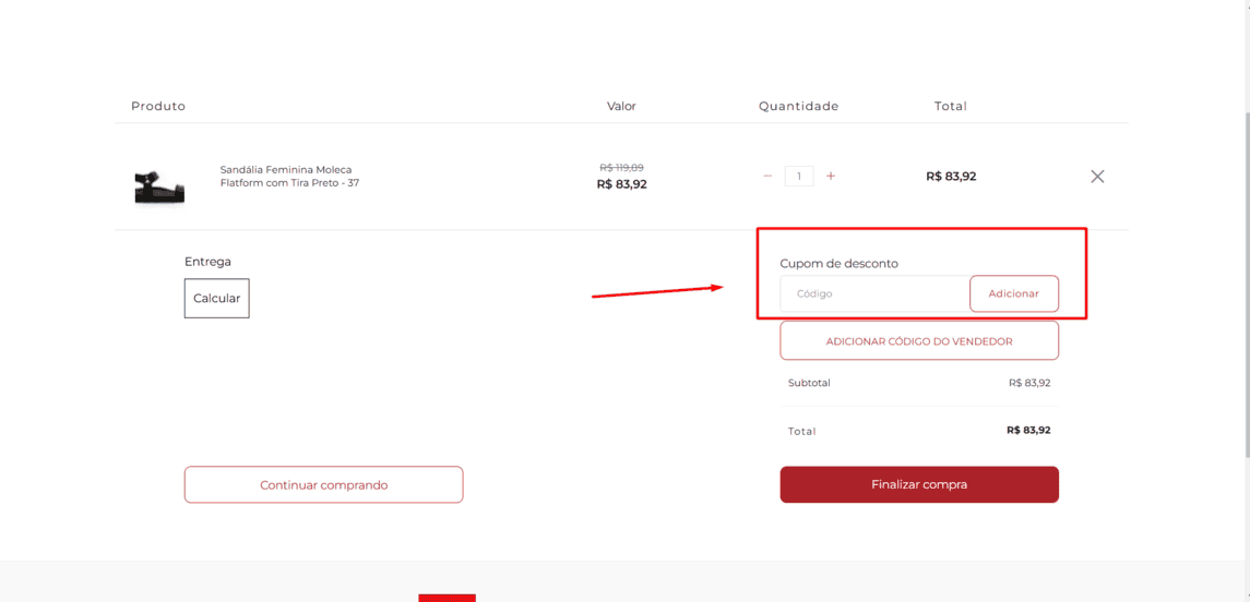 Onde inserir cupom de desconto Passarela