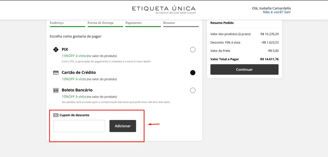 Onde inserir cupom de desconto Etiqueta Única