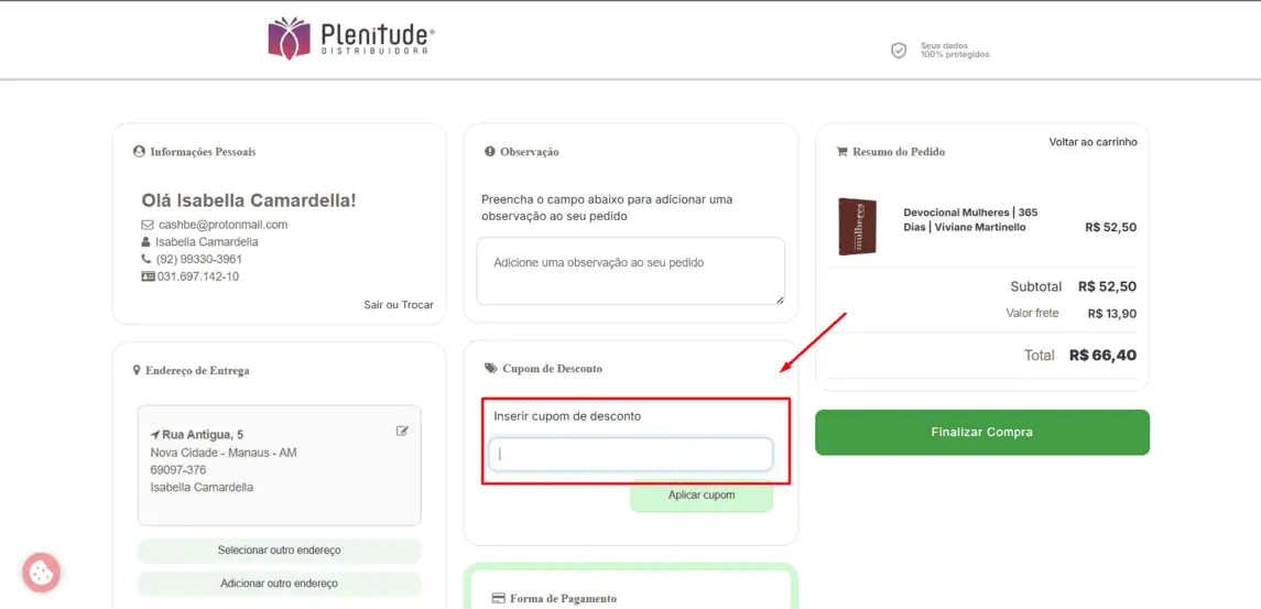 Onde inserir cupom de desconto Plenitude Distribuidora