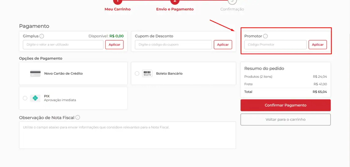 Onde inserir cupom de desconto Gimba