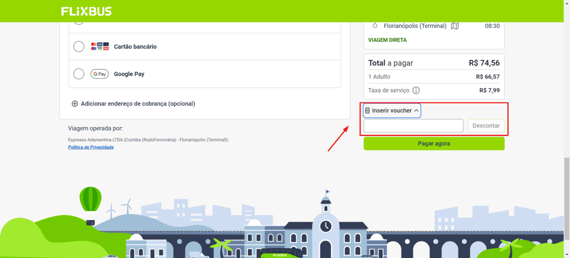 Onde inserir cupom de desconto FlixBus