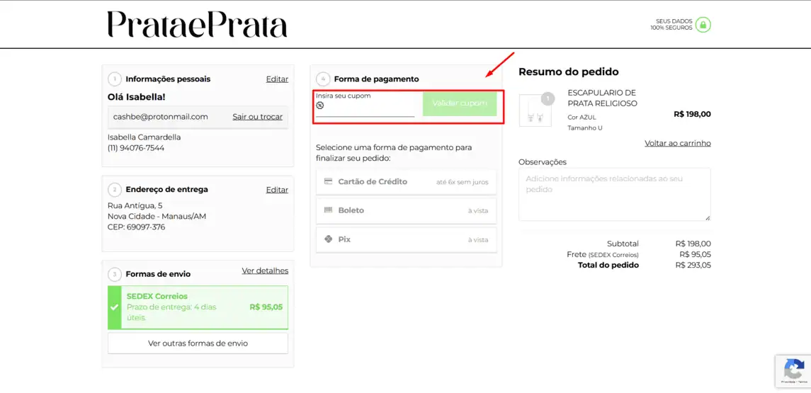 Onde inserir cupom de desconto Prata Fina