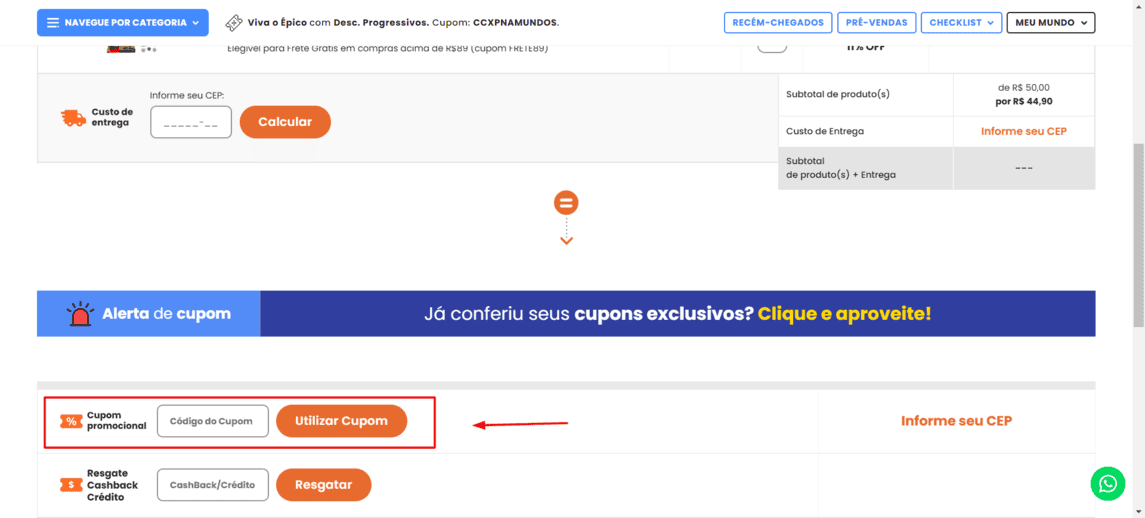 Onde inserir cupom de desconto Mundos Infinitos
