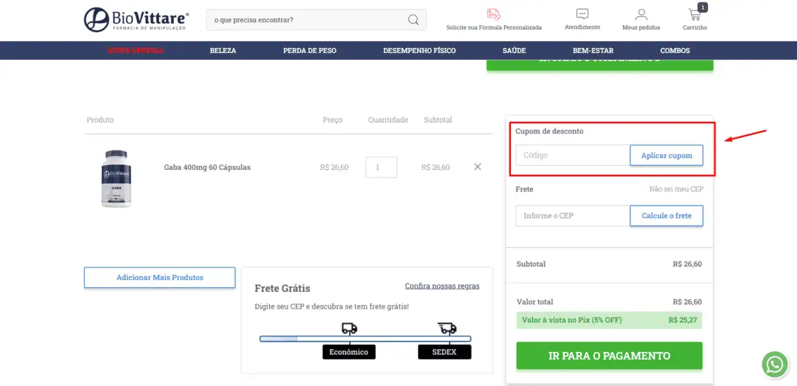 Onde inserir cupom de desconto BioVittare