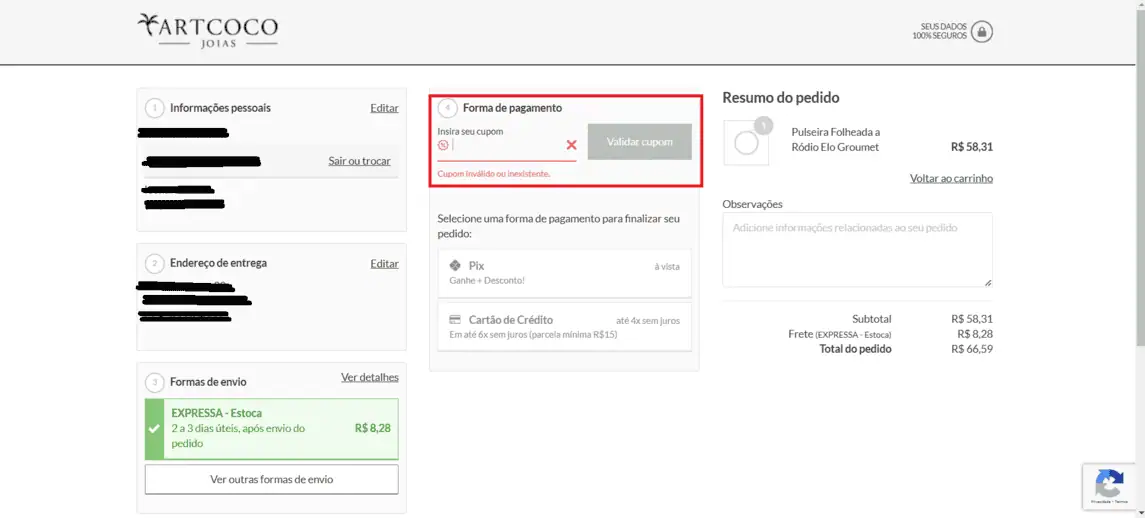 Onde inserir cupom de desconto ArtCoco Joias