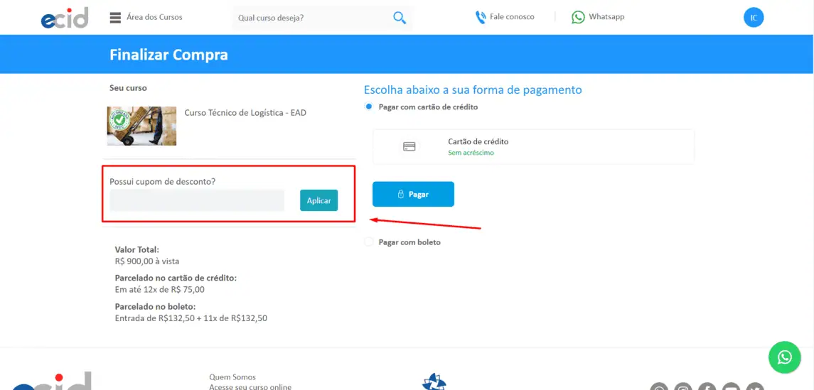 Onde inserir cupom de desconto ECID