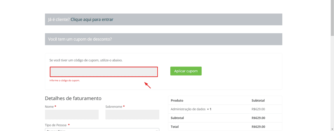 Onde inserir cupom de desconto UNIFG