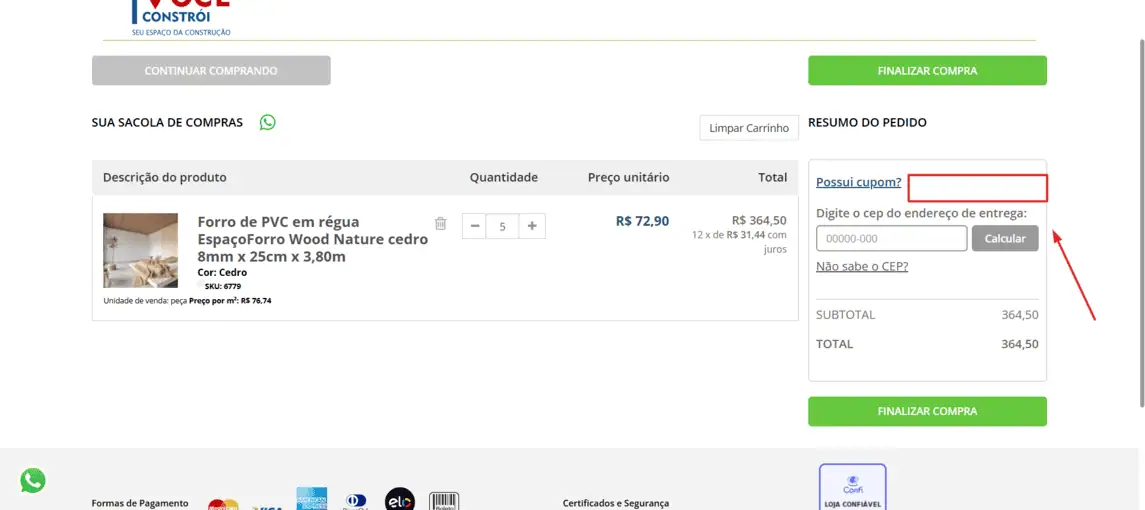 Onde inserir cupom de desconto Você Constrói