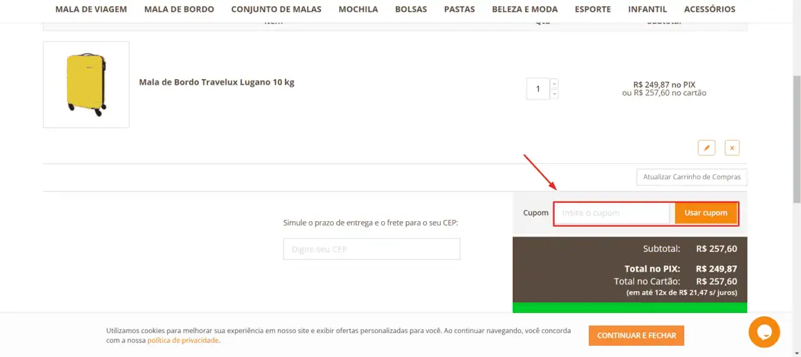 Onde inserir cupom de desconto Portal das Malas