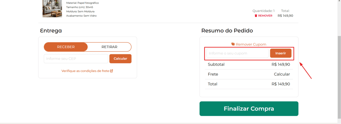 Onde inserir cupom de desconto Go Quadros