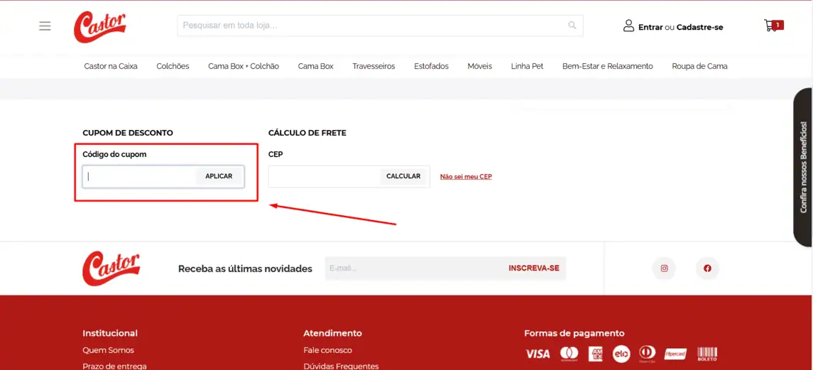 Onde inserir cupom de desconto Castor