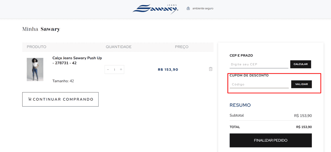 Onde inserir cupom de desconto Sawary
