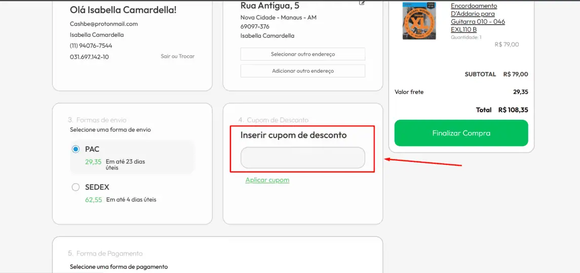 Onde inserir cupom de desconto Made in Brazil