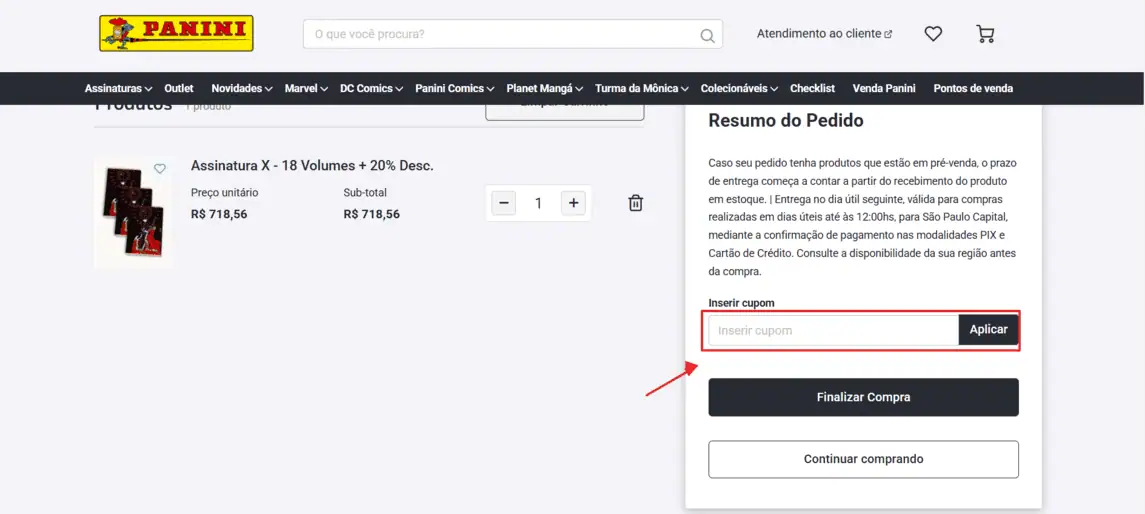 Onde inserir cupom de desconto Panini