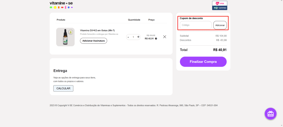 Onde inserir cupom de desconto Vitamine-se