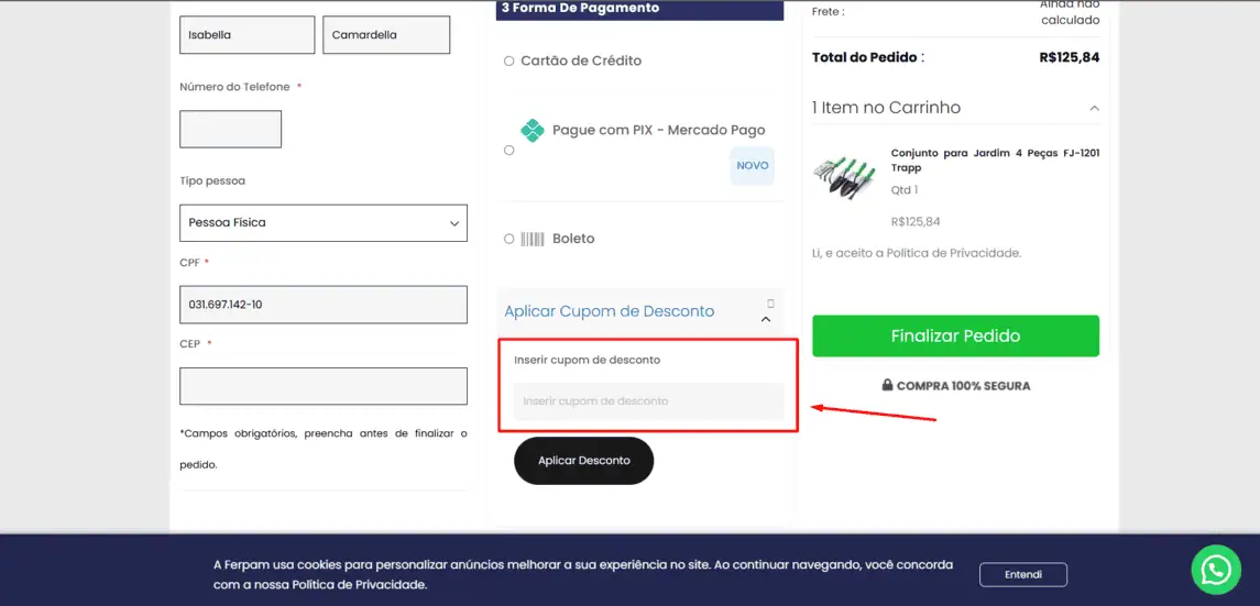 Onde inserir cupom de desconto Ferpam