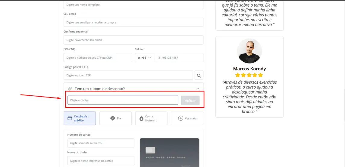 Onde inserir cupom de desconto Matheus de Souza