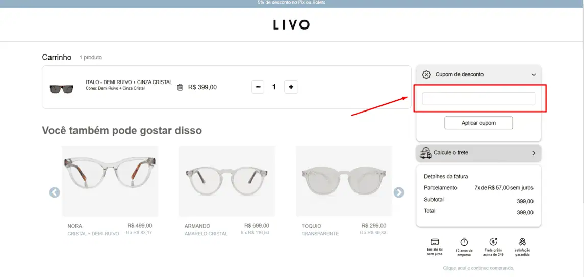 Onde inserir cupom de desconto LIVO