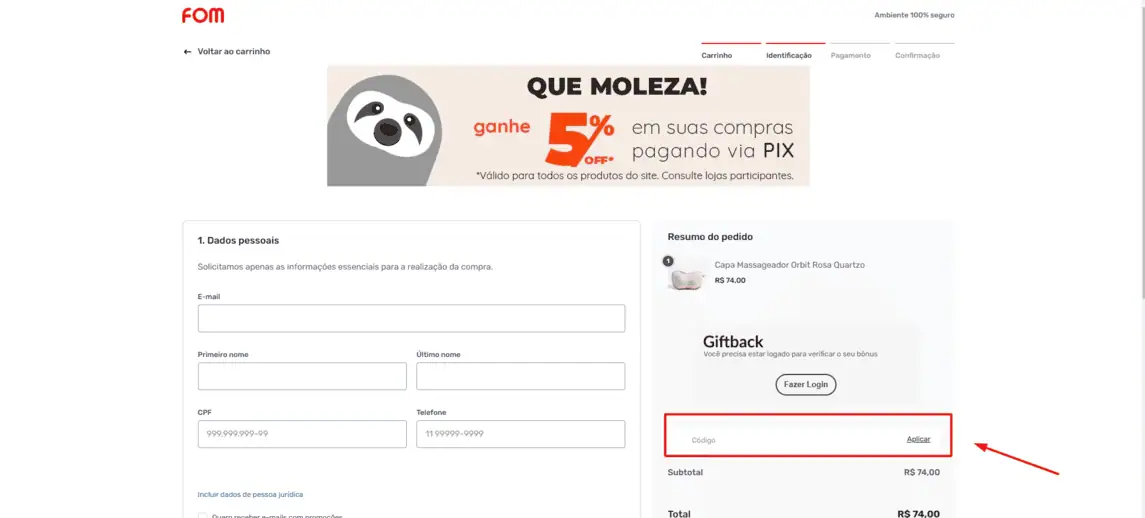 Onde inserir cupom de desconto FOM