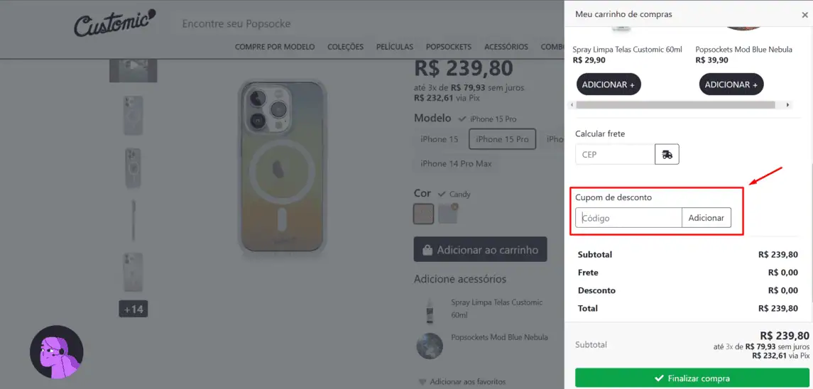Onde inserir cupom de desconto Customic