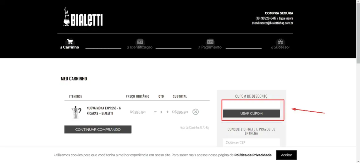 Onde inserir cupom de desconto Bialettishop