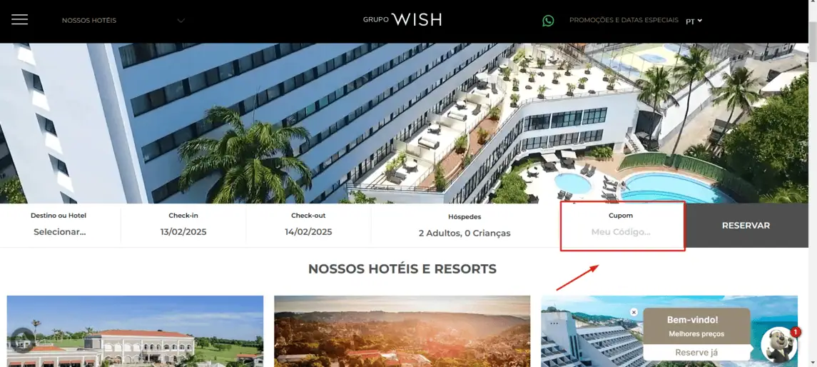 Onde inserir cupom de desconto Wish Hotels