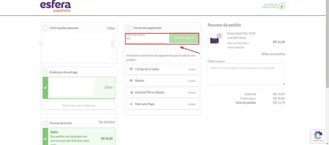 Onde inserir cupom de desconto Esfera Papelaria