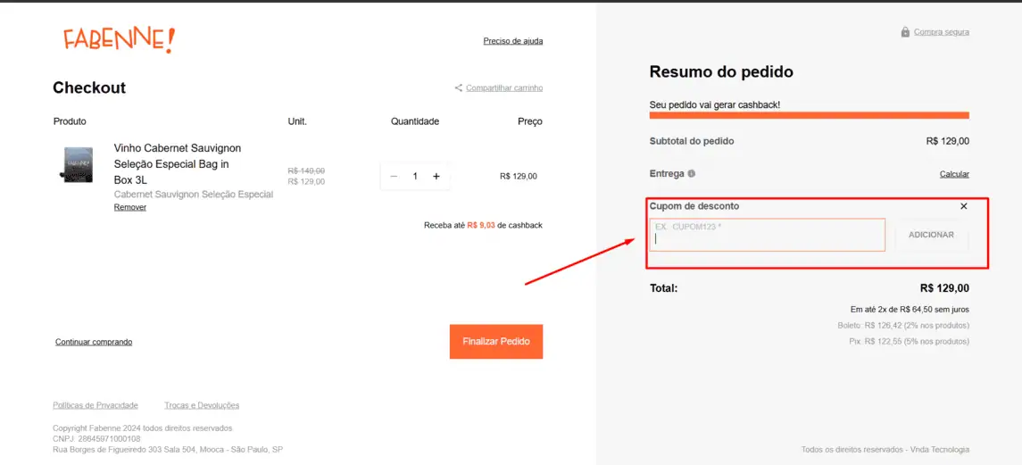 Onde inserir cupom de desconto Fabenne
