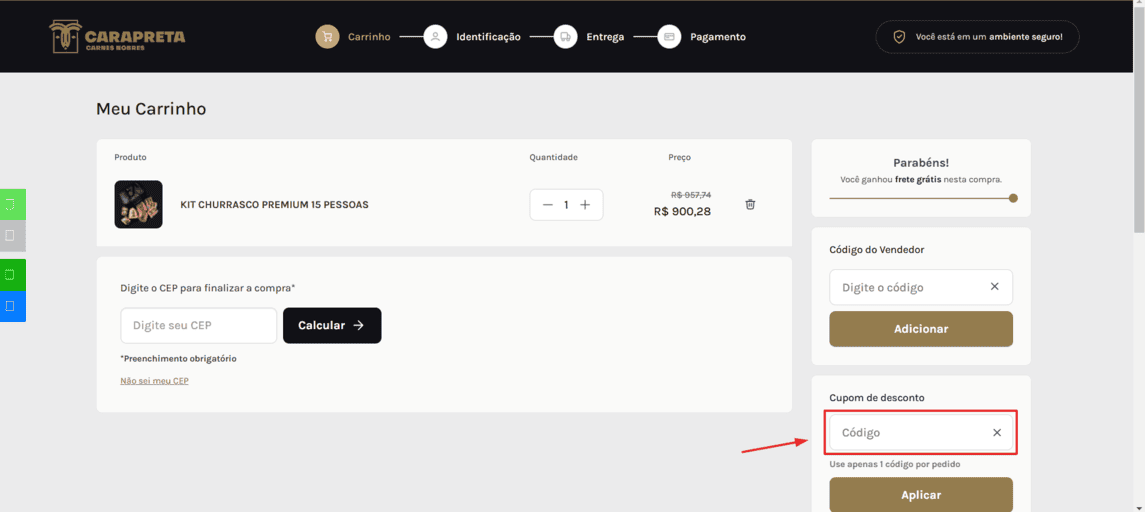 Onde inserir cupom de desconto Boutique Carapreta