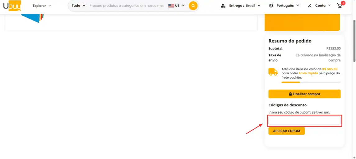 Onde inserir cupom de desconto Ubuy