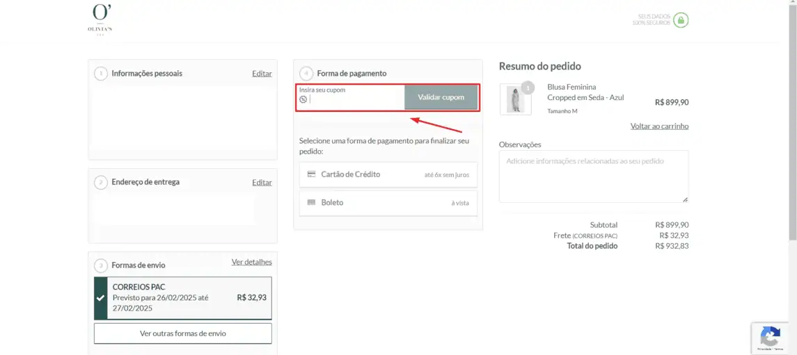 Onde inserir cupom de desconto Olivia