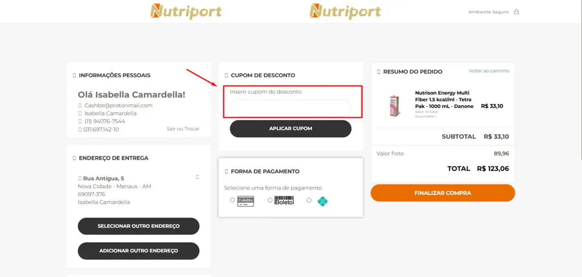 Onde inserir cupom de desconto Nutriport