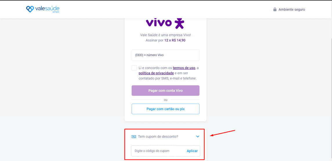 Onde inserir cupom de desconto Vale Saúde Sempre