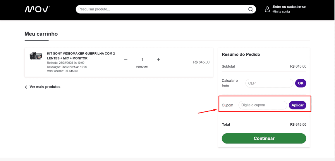 Onde inserir cupom de desconto Mov Locadora