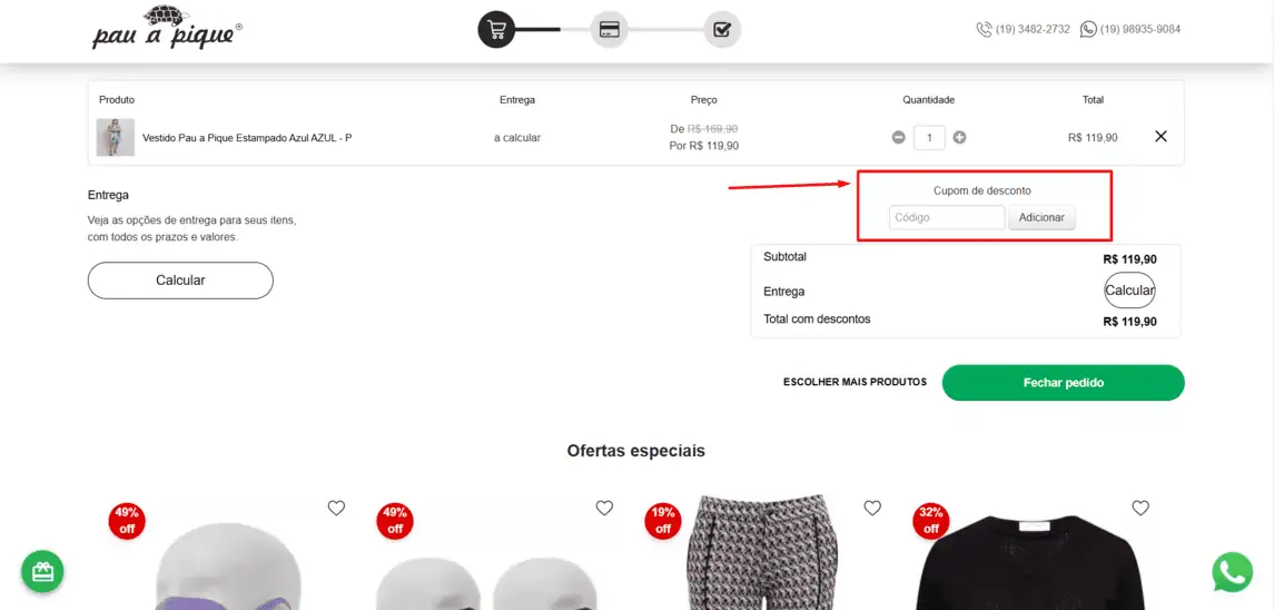 Onde inserir cupom de desconto Pau a Pique