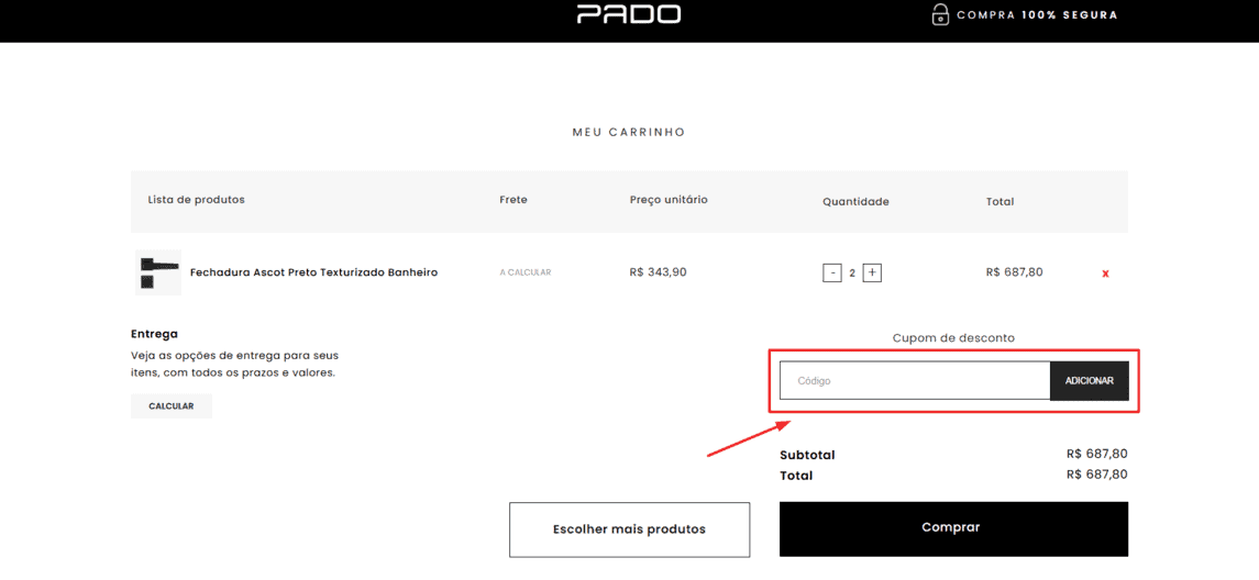 Onde inserir cupom de desconto Pado