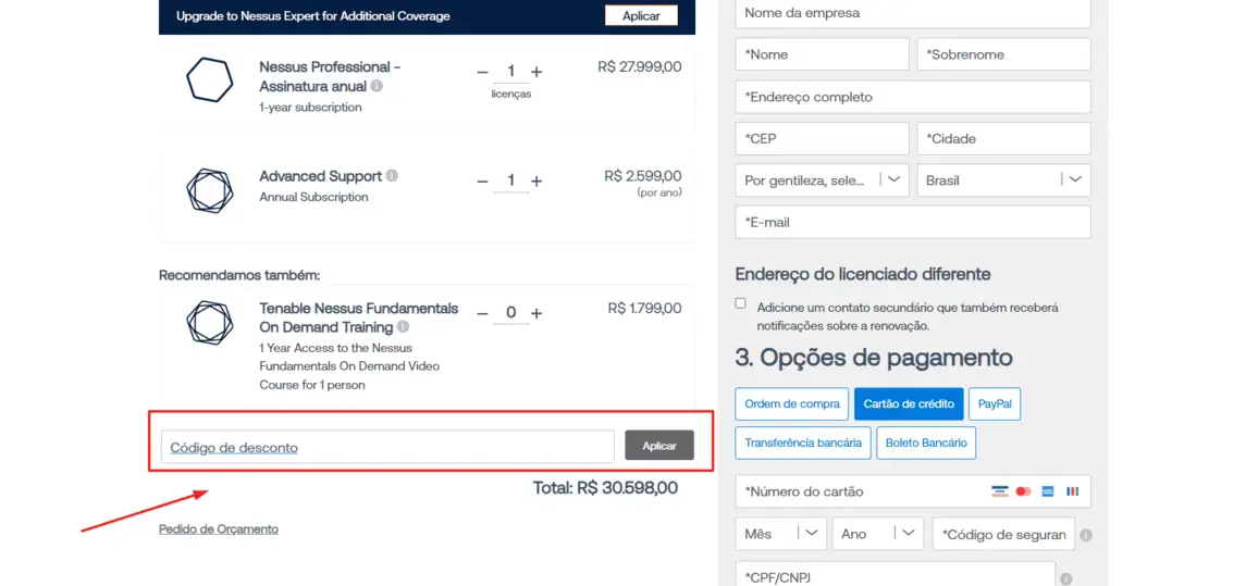 Onde inserir cupom de desconto Tenable