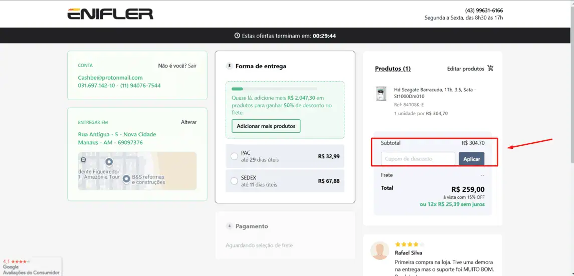 Onde inserir cupom de desconto Enifler