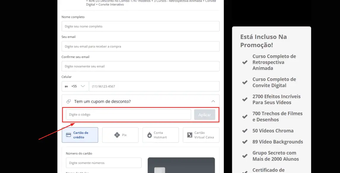 Onde inserir cupom de desconto Curso de Convite Animado Digital