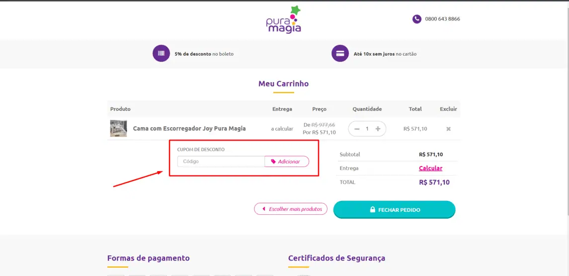 Onde inserir cupom de desconto Pura Magia