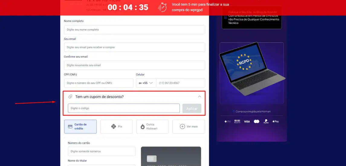 Onde inserir cupom de desconto WP RGPD Pro