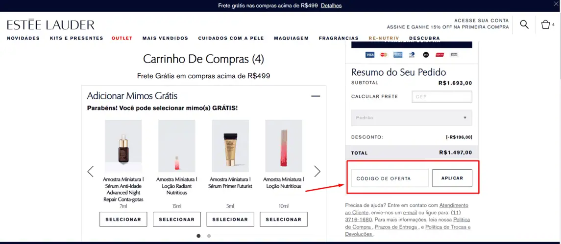 Onde inserir cupom de desconto Estee Lauder